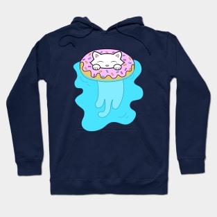 Cute white kitten swimming in a pool with water donut Hoodie